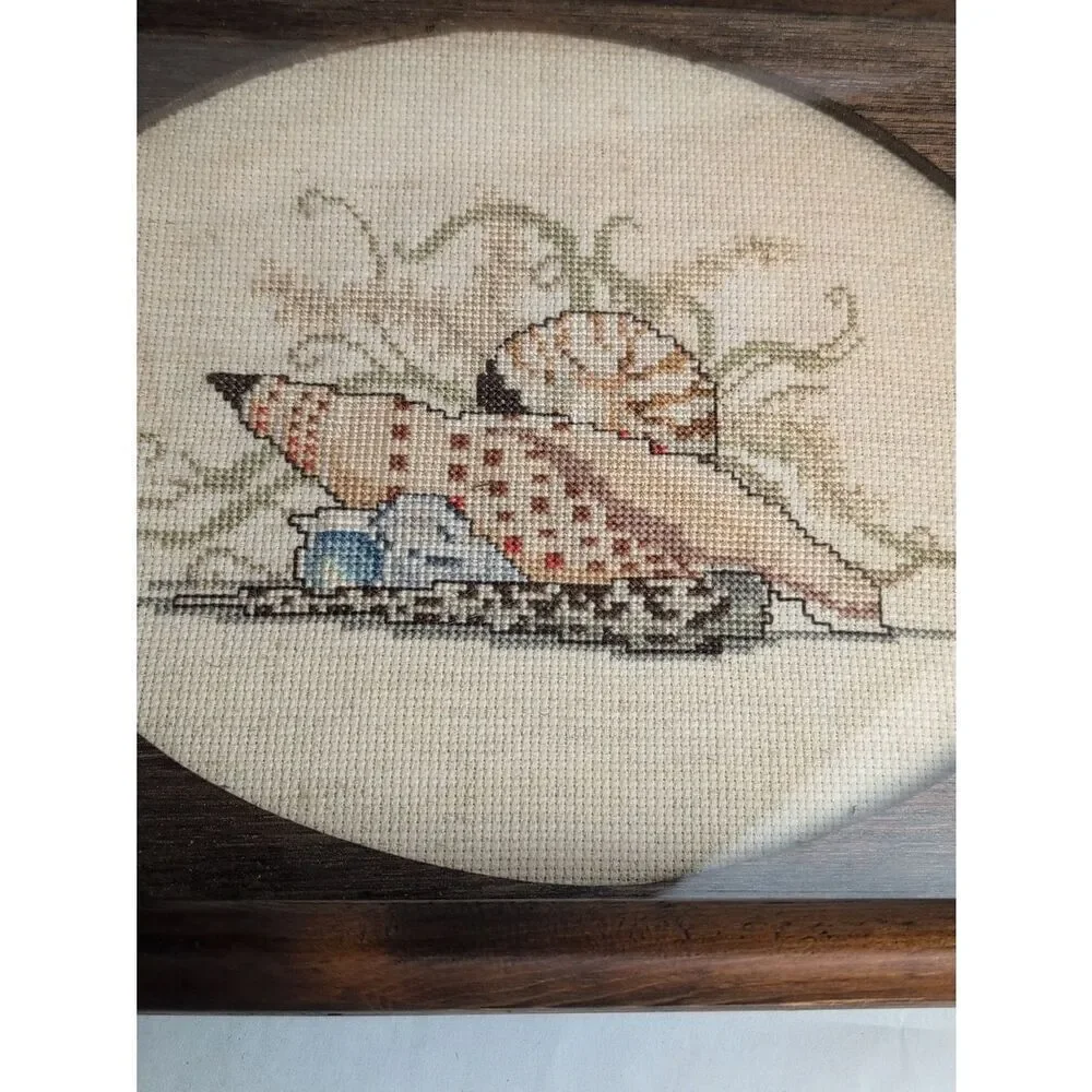 Coastal Seashell Cross-stitch Wood Serving Tray Vintage Cottage